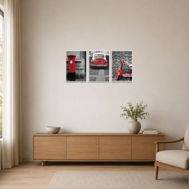 Red vehicles triptych adds boldness to a sleek, minimalist room.