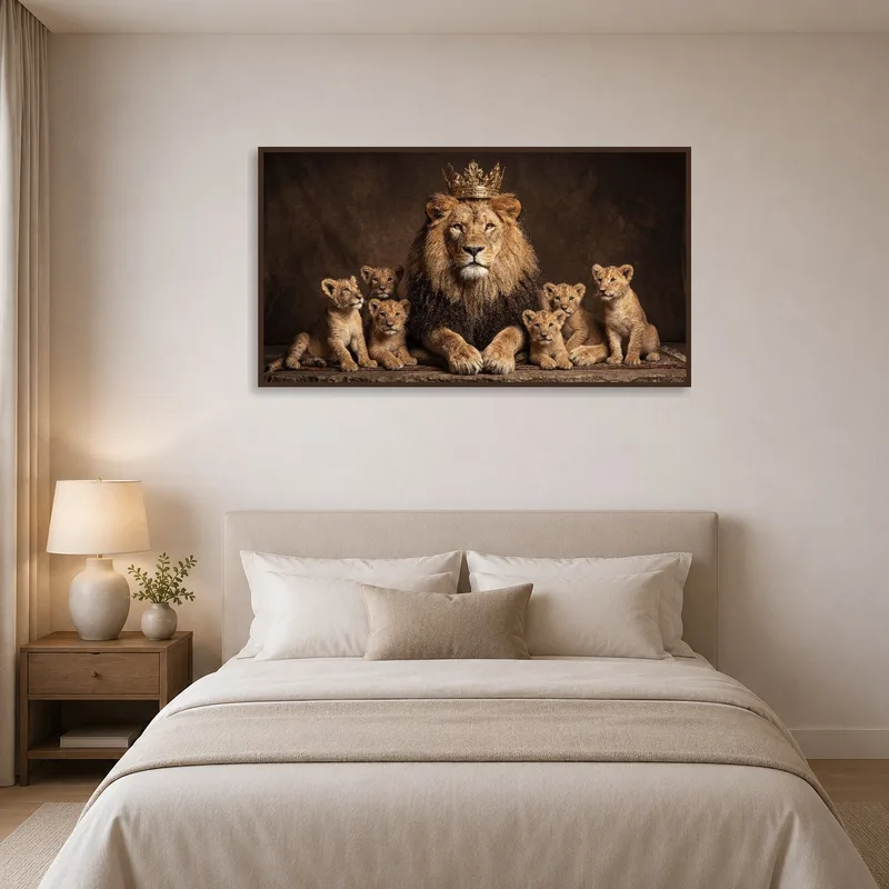 Lion family artwork brings warmth to a serene bedroom setting.