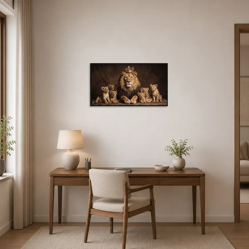 Lion family piece adorns the wall of a stylish home office.