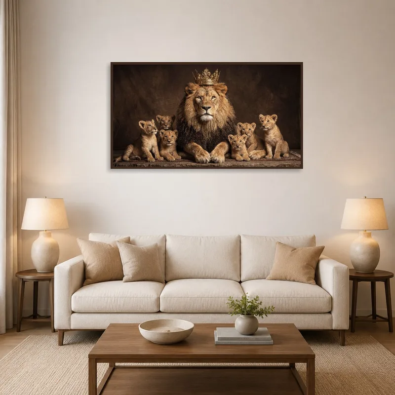 Lion family portrait above a cozy living room sofa with warm lighting.