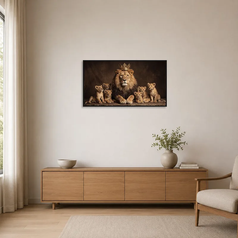 Lion family artwork on a stark, minimalist white wall.