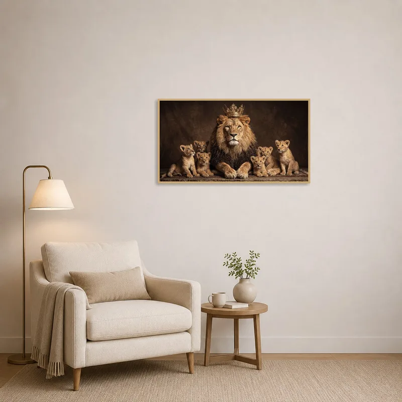 Lion portrait adds a majestic touch to a tranquil reading corner.