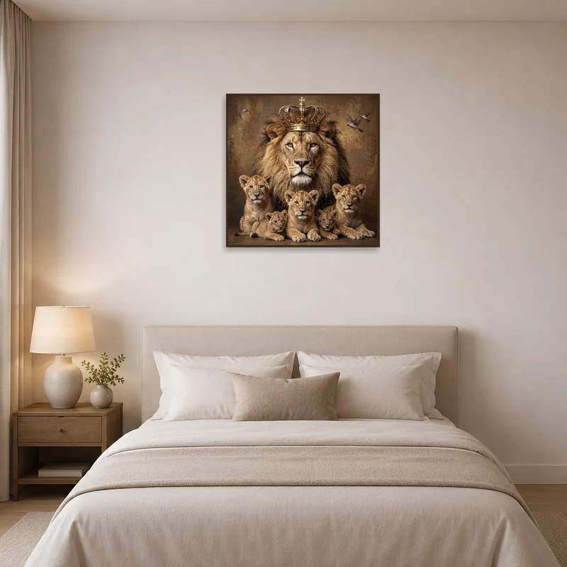 Bedroom adorned with lion family portrait with crowns, perfecting a majestic ambiance.