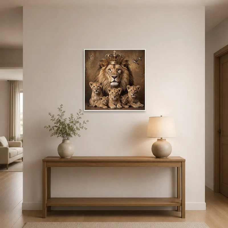 Lion family portrait with crowns hung in entrance hall, creating a royal welcome.