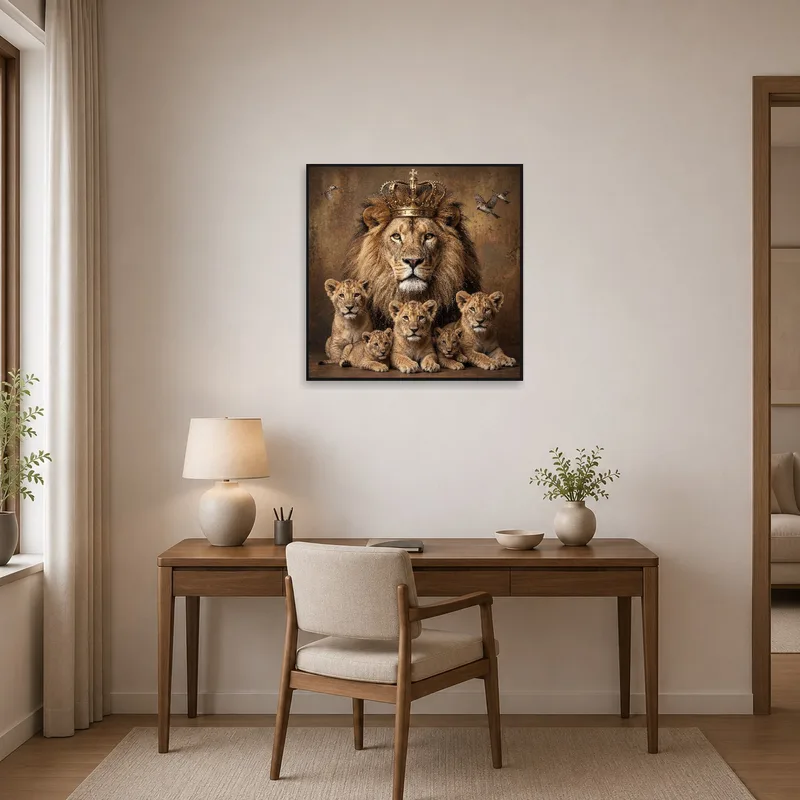 Home office styled with a lion family portrait with crowns, inspiring royalty and strength.