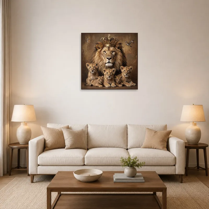 Lion family portrait with crowns on a living room wall, enhancing regal atmosphere.
