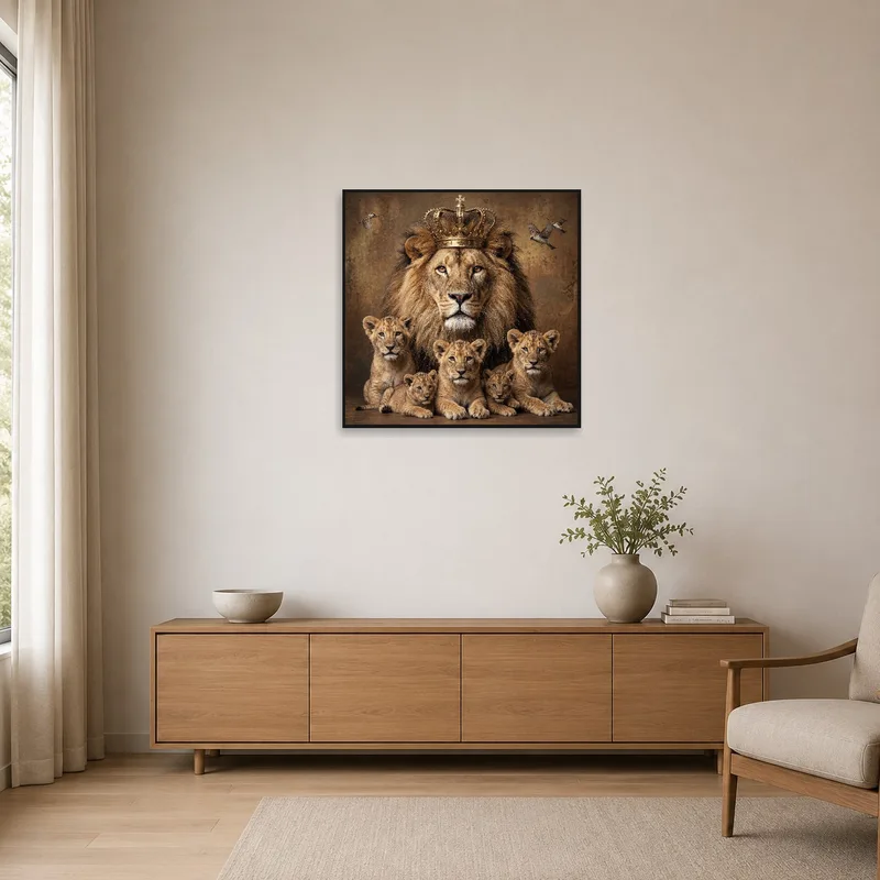 Minimalist space featuring a royal lion family portrait, adding a majestic touch.
