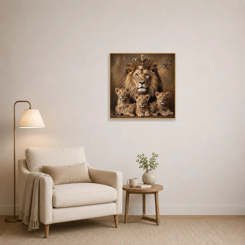 Reading corner enhanced by a regal lion family portrait, adding a noble vibe.