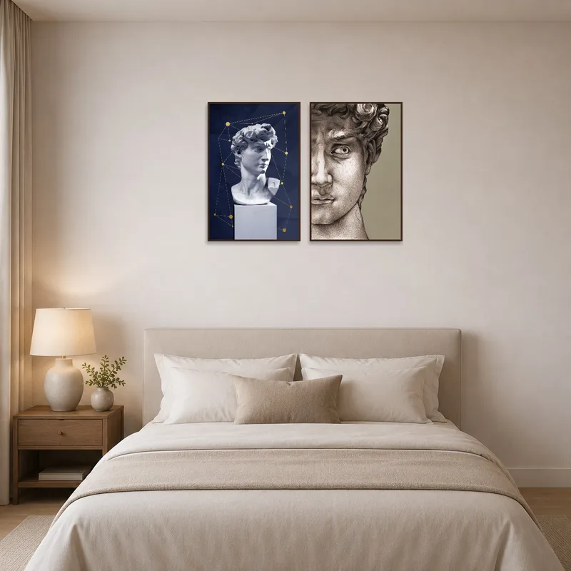 Renaissance sculpture art series set adding elegance to a serene bedroom wall.