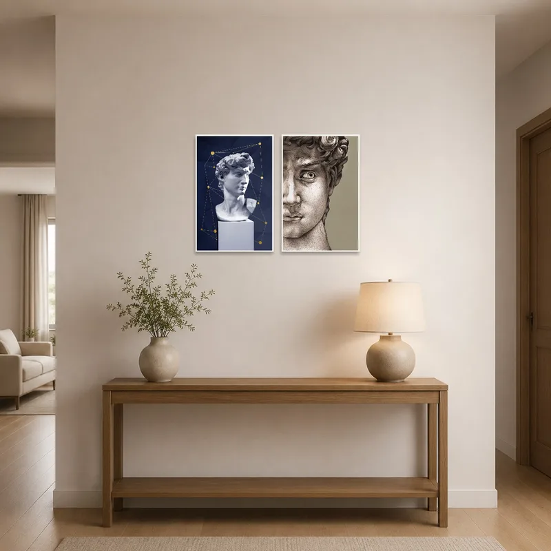 Renaissance sculpture art series set welcoming guests in an ornate entrance hall.