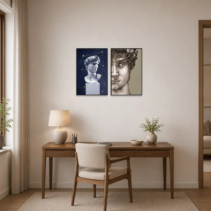 Renaissance sculpture art series set inspiring creativity in a well-appointed home office.