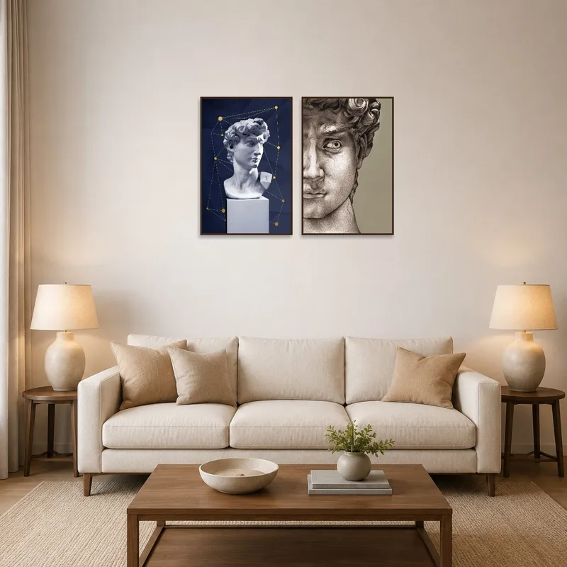 Renaissance sculpture art series set adorns a living room wall above a modern sofa.