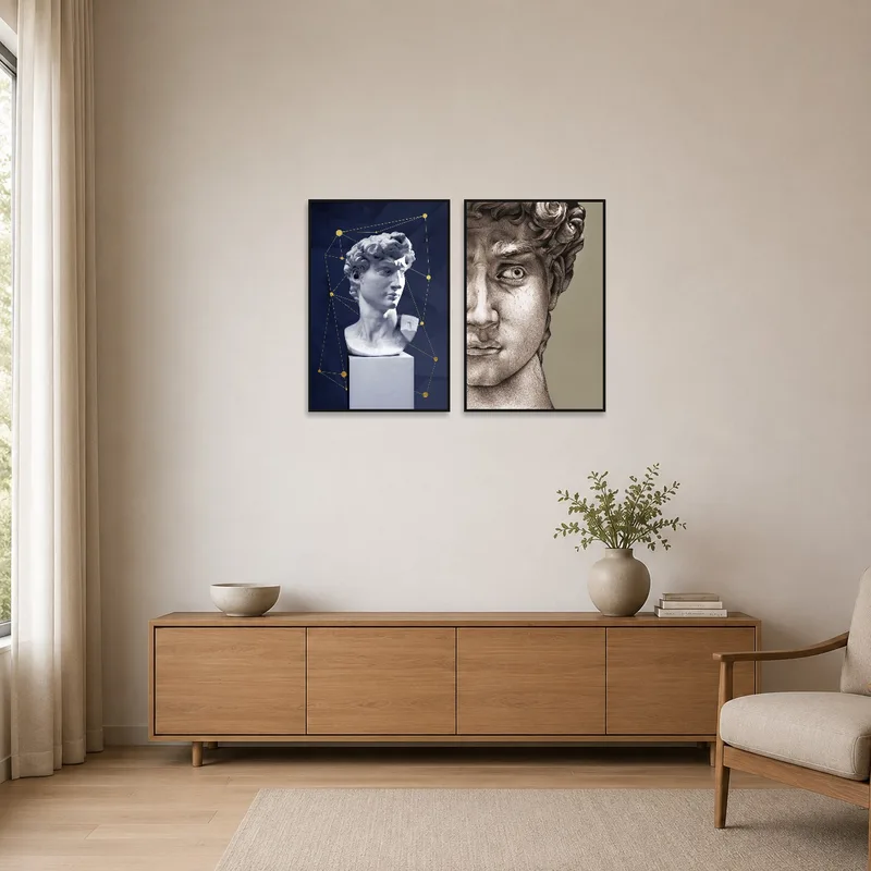 Renaissance sculpture art series set placed in a minimalist setting above a sleek bench.