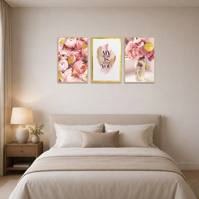 Bedroom atmosphere elevated with romantic floral and geometric art set above the bed.