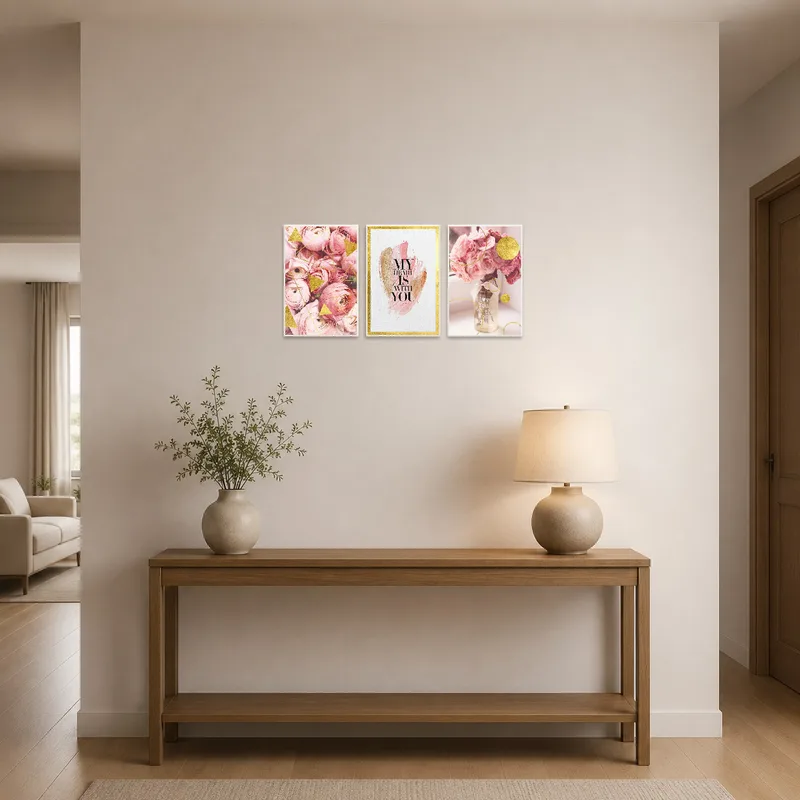 Entrance hall featuring romantic floral and geometric art set as a welcoming touch.