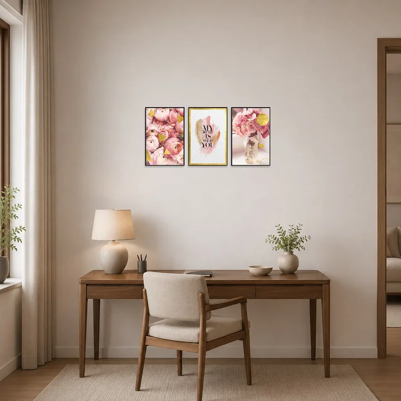 Home office brightened with romantic floral and geometric art set on the wall.