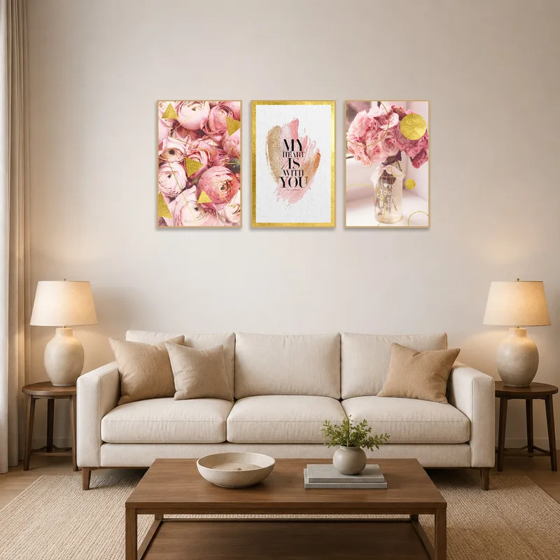 Romantic floral and geometric art set adorning a stylish living room wall.