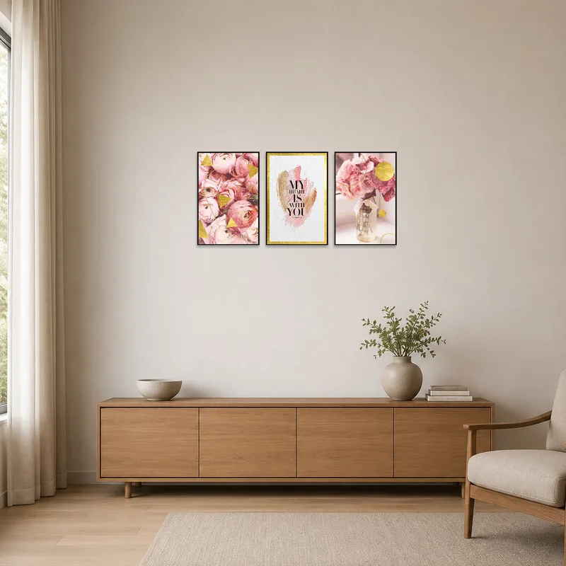 Sleek minimalist room accented by romantic floral and geometric art set.
