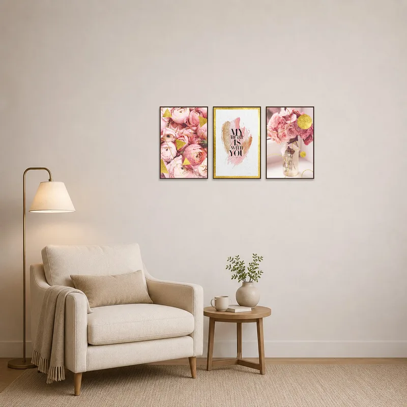 Cozy reading corner enhanced by romantic floral and geometric art set.