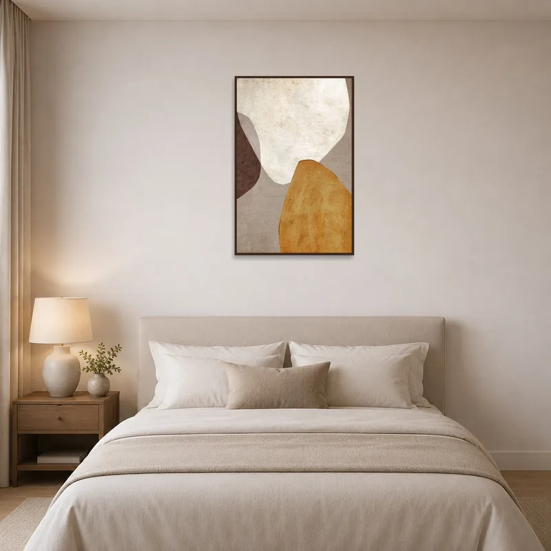 Serene bedroom with a rustic abstract shapes art print above the bed.