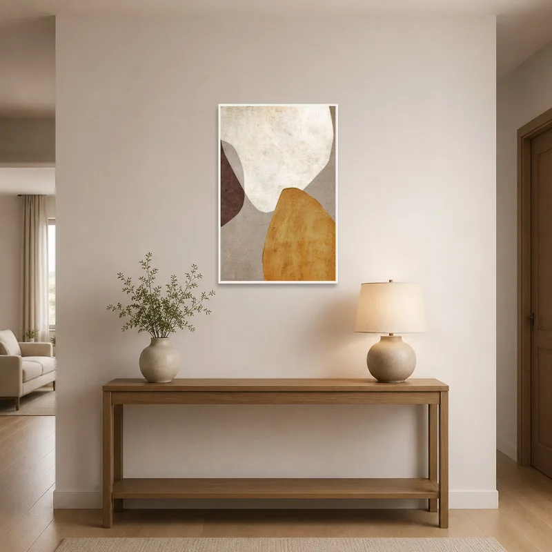Rustic abstract shapes art print welcoming guests in an entrance hall.