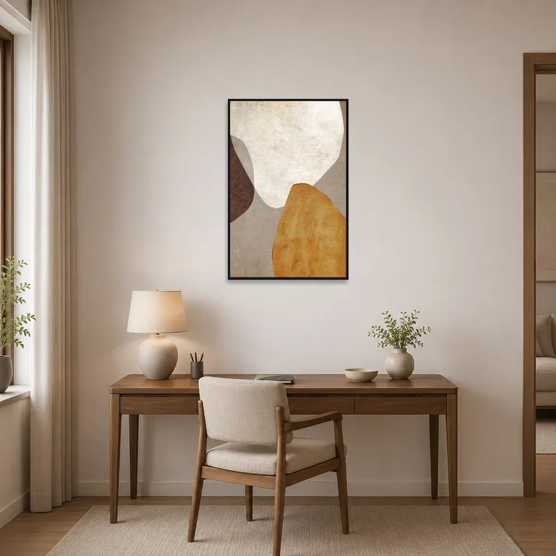 Rustic abstract shapes art print adding charm to a home office wall.