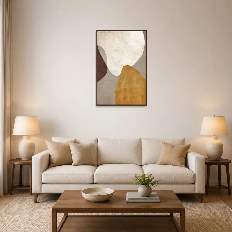 Abstract art print featuring rustic shapes in a cozy living room setting.