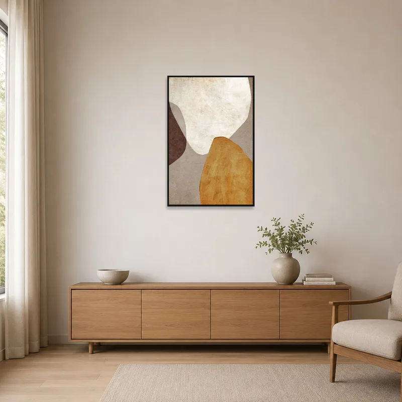 Simple, rustic abstract art print against a minimalist room interior.