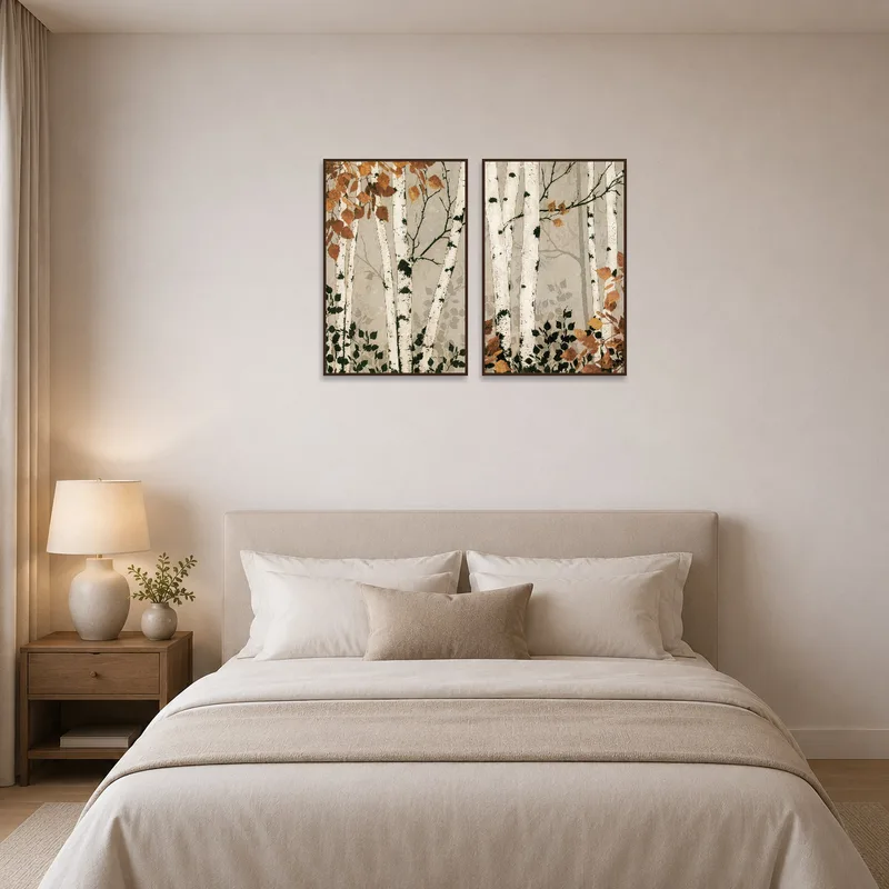 Autumn birch forest diptych bringing a calming touch to a bedroom wall.