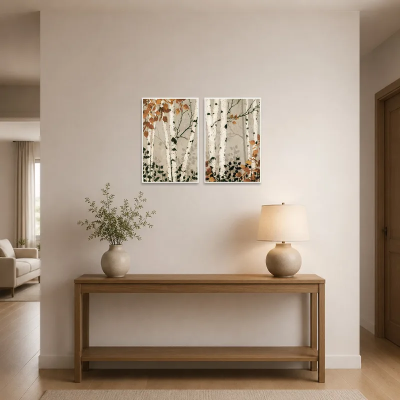 Atmospheric birch forest scenes welcoming guests in an entrance hall.