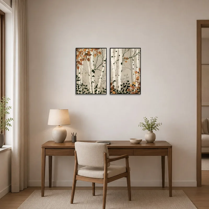 Vibrant birch forest set enhancing a home office working environment.