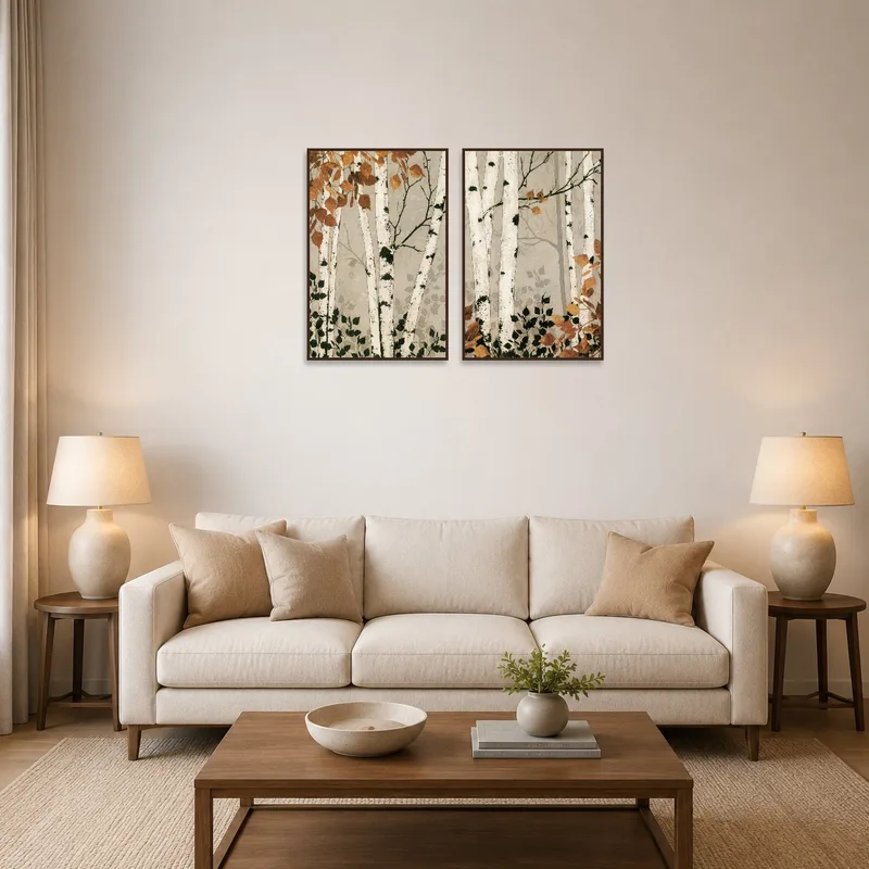 Rustic autumn birch forest diptych hanging above a cozy living room sofa.
