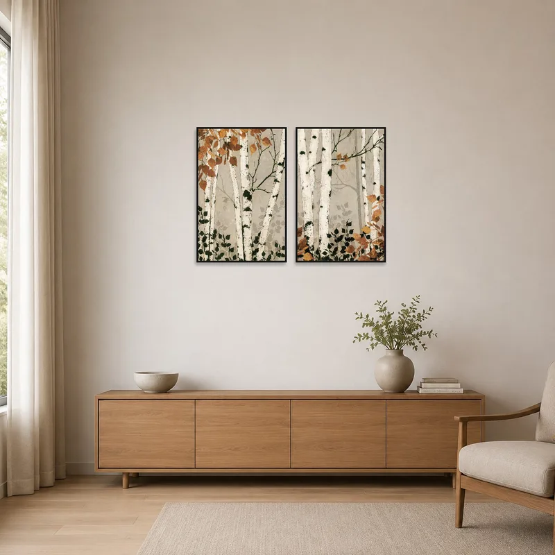 Set of two autumn birch forest art pieces accentuating a minimalist space.
