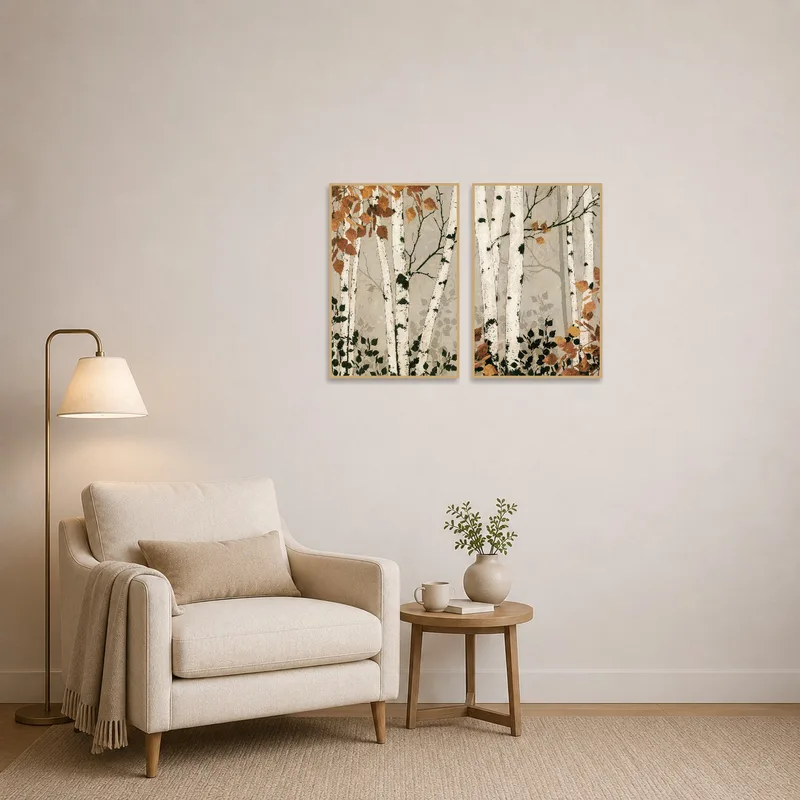Serene birch forest artworks adding warmth to a reading corner ambiance.