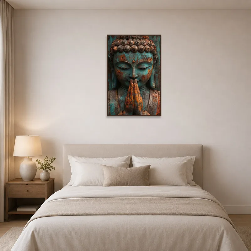 Bedroom with rustic Buddha head piece creating a serene vibe.