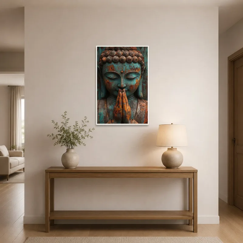 Welcoming entrance hall displaying a serene Buddha head artwork.
