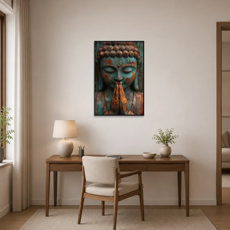 Rustic Buddha head art inspiring calm in a home office space.