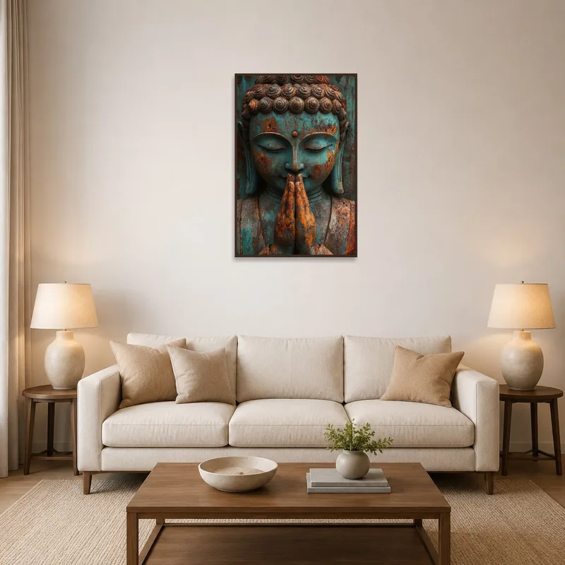 Rustic Buddha head with patina art in a cozy living room setting.