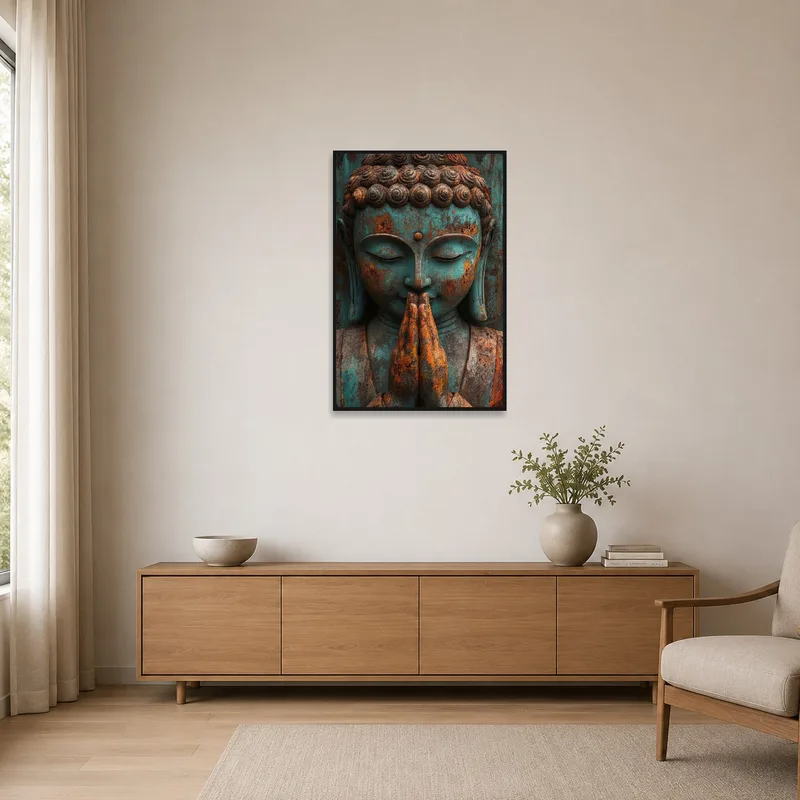 Rustic Buddha head art accentuating a minimalist room's tranquility.