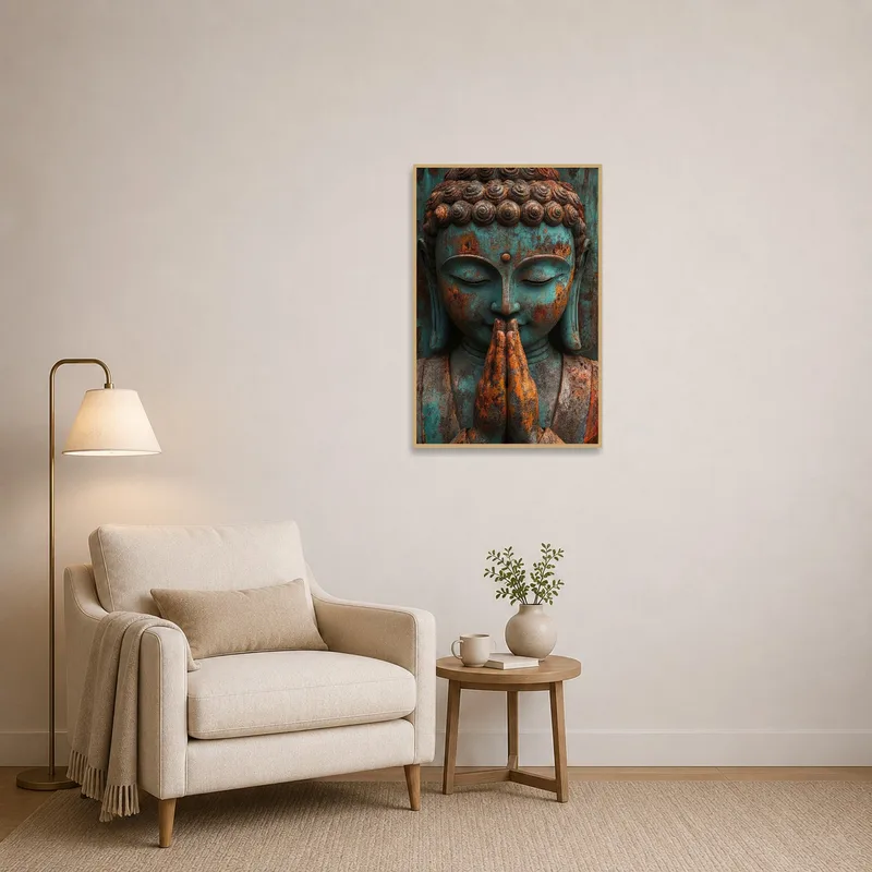Buddha head art enhancing a peaceful reading corner ambiance.