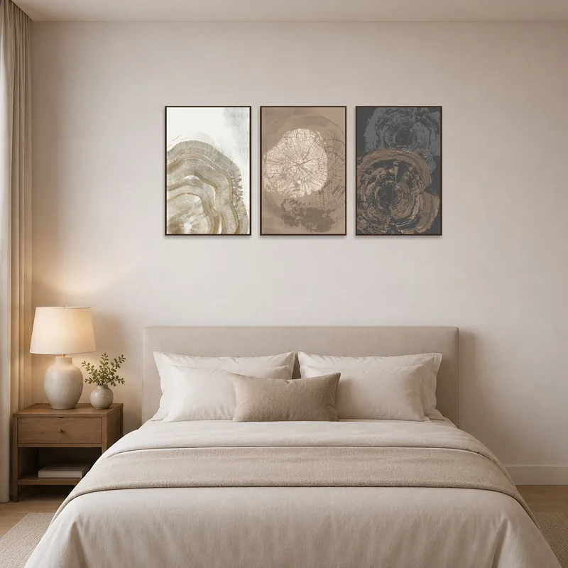 Warm abstract triptych adds soothing colors above a bed in a peaceful bedroom.
