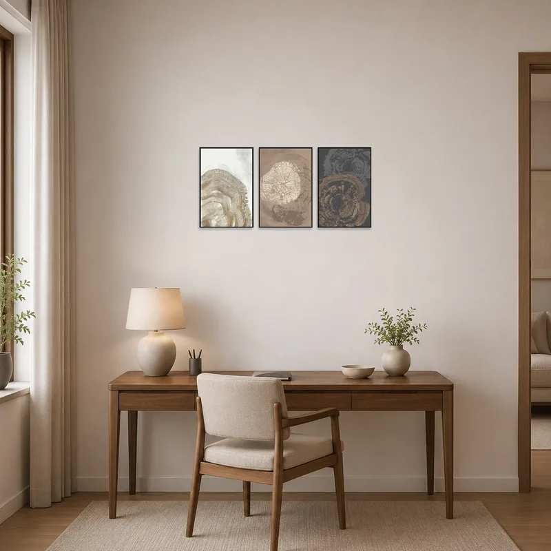 Earth tone abstract triptych set inspires creativity in a stylish home office.