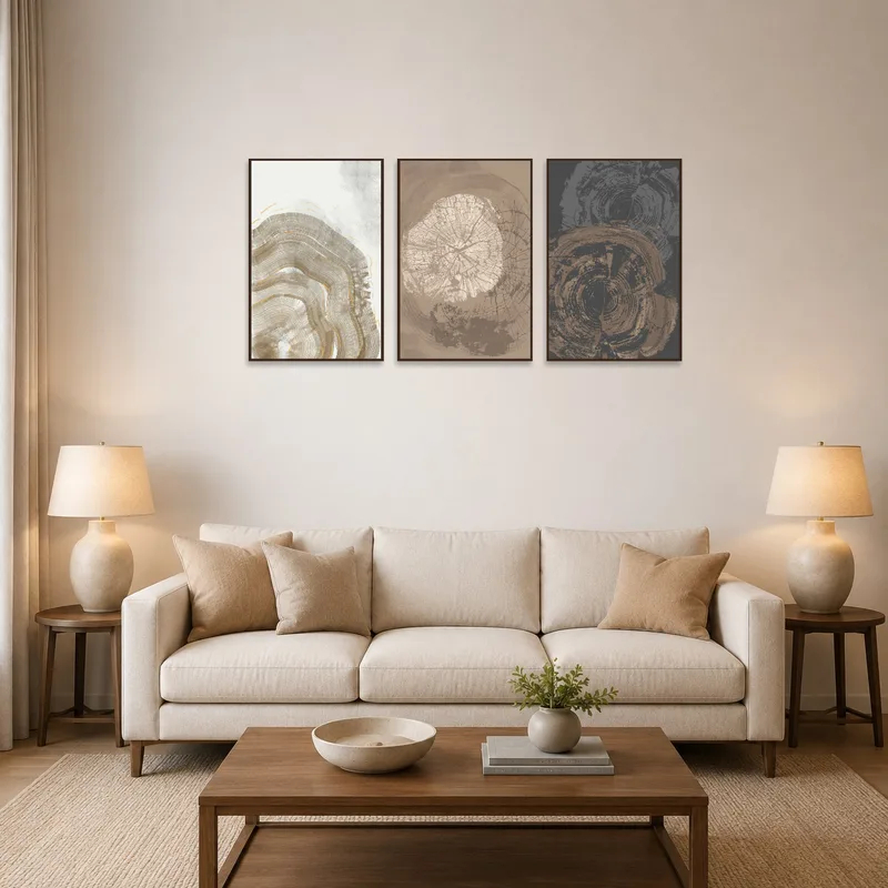 Abstract earth-toned triptych set displayed above a cozy sofa in a living room.