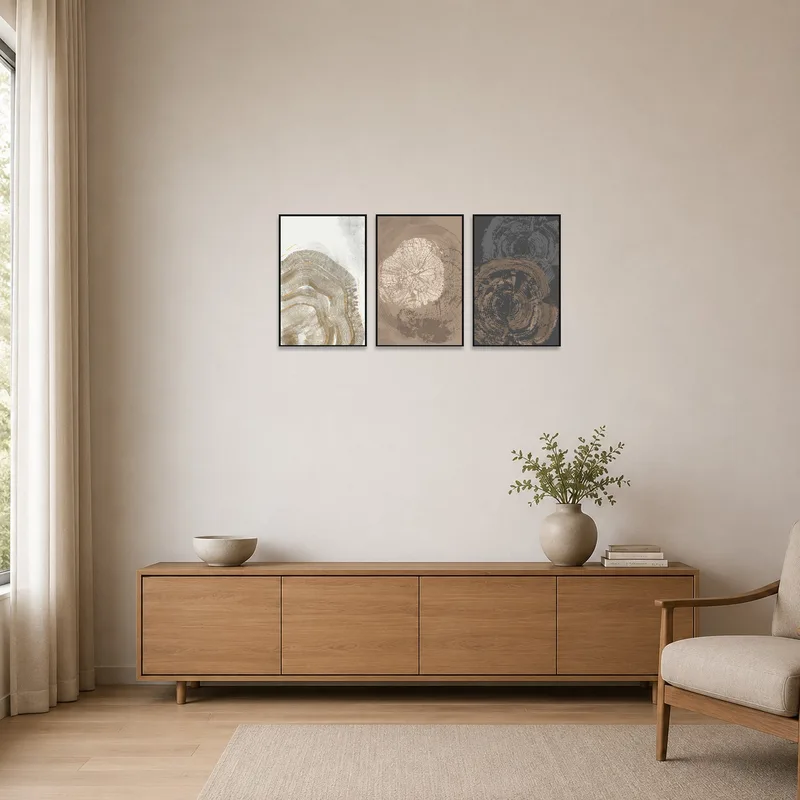 Rustic earth tones triptych adds warmth to a minimalist room with neutral decor.