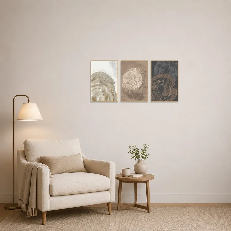 Earthy triptych creates a calming atmosphere in a comfortable reading corner.
