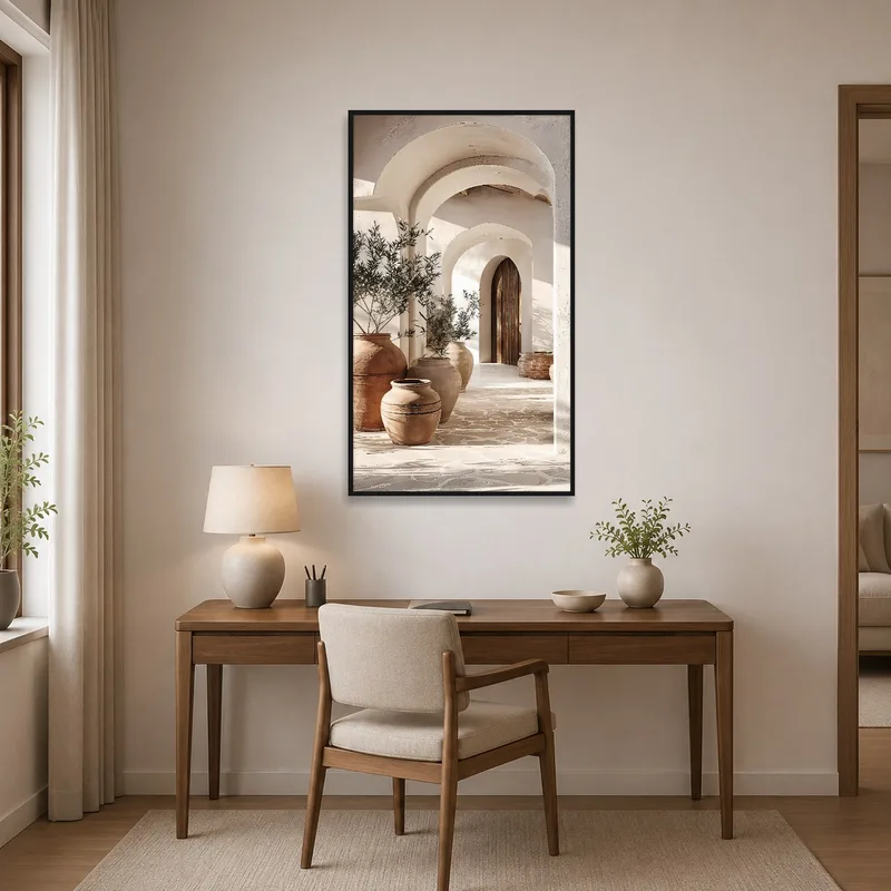 Stylish home office featuring a Mediterranean archway and terra cotta vases artwork.