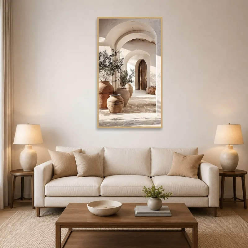 Rustic Mediterranean archway with terra cotta vases in a cozy living room setting.