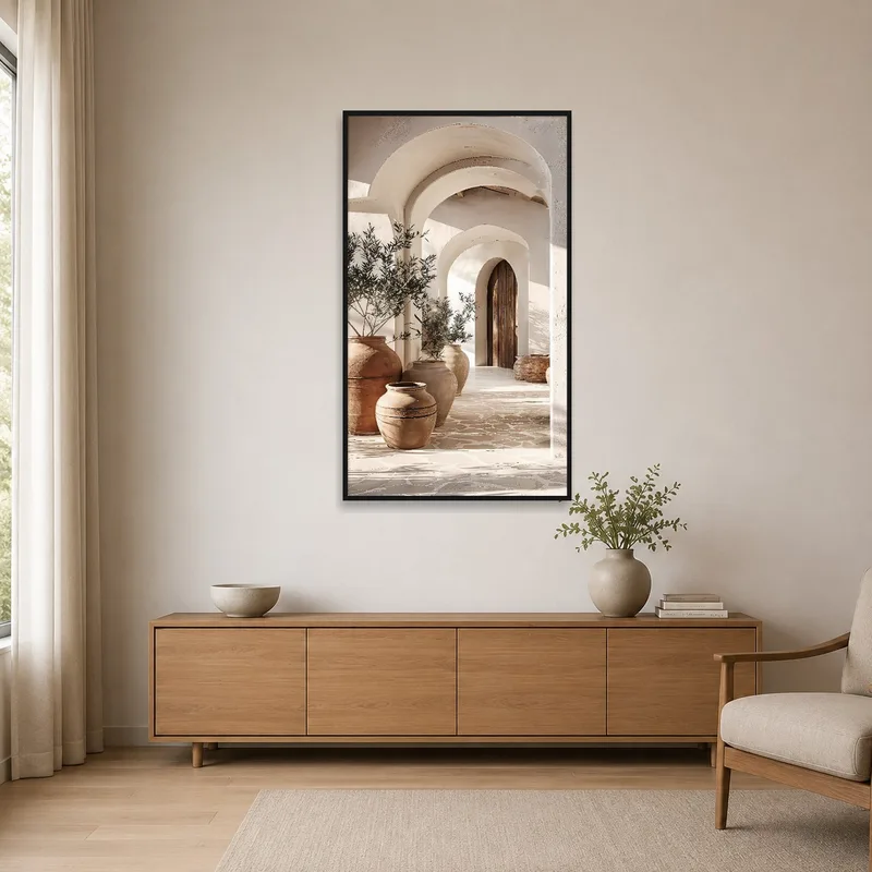 Simple display of a Mediterranean archway and terra cotta vases on a minimalist wall.
