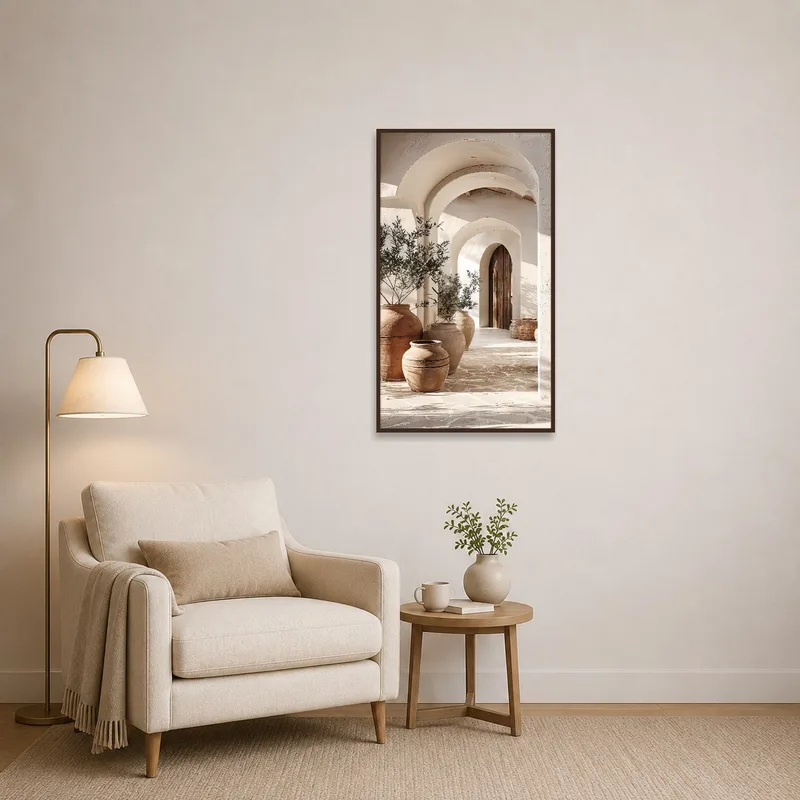 Charming Mediterranean archway with vases enhancing a cozy reading corner.