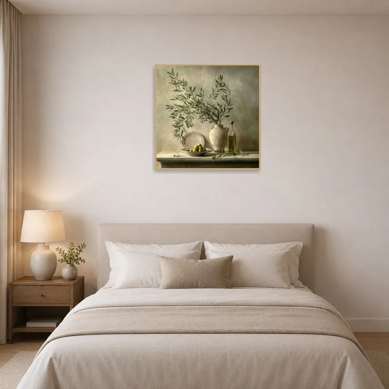 Rustic olive branch art print provides tranquility to the bedroom.